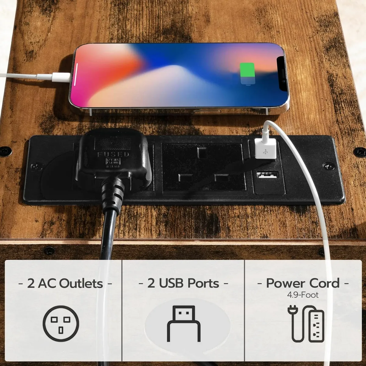 Side Table Narrow Bedside with Charging Station - Image 4