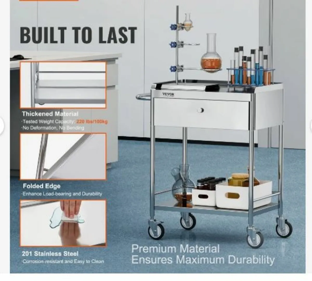 Medical Cart, 2 Layers Stainless Steel Cart - Image 2