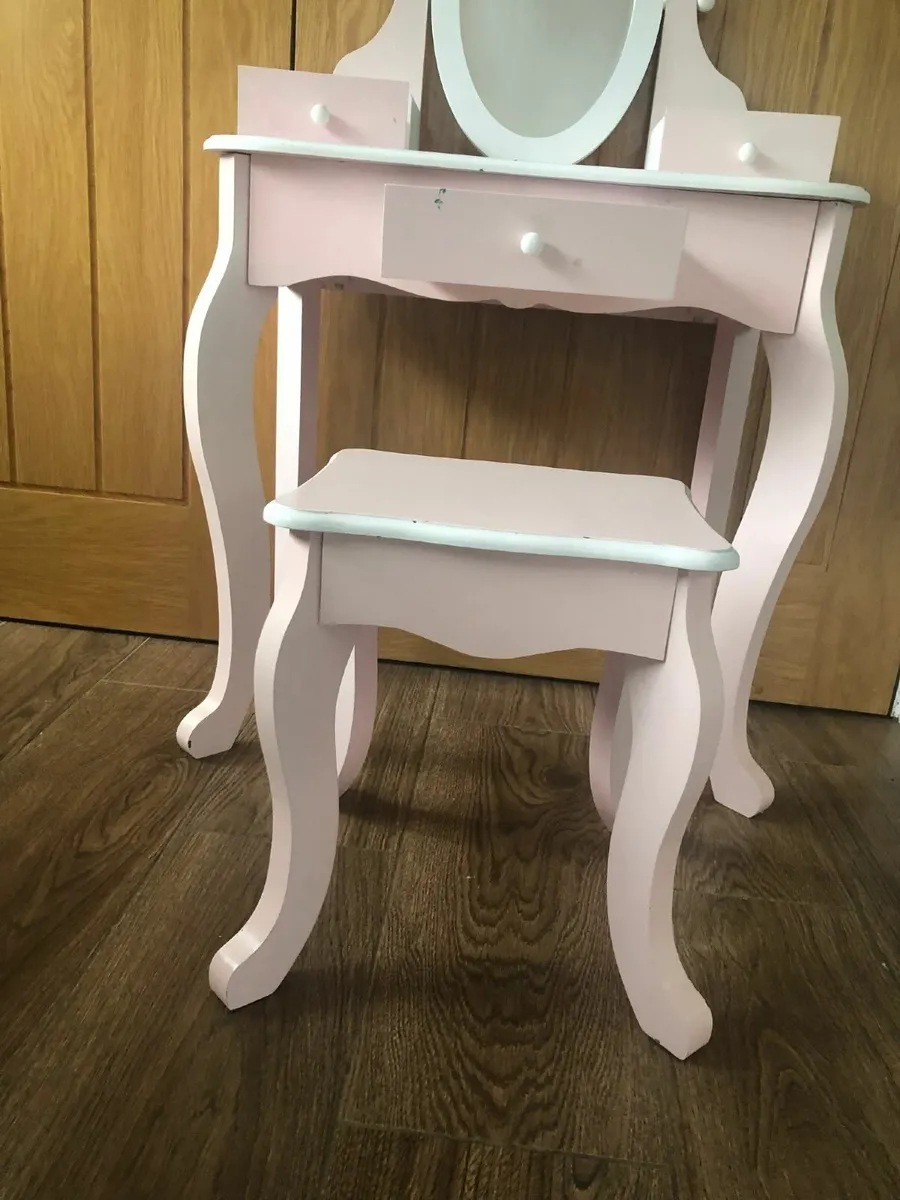 Kids Pink and White Vanity Table and Stool - Image 2