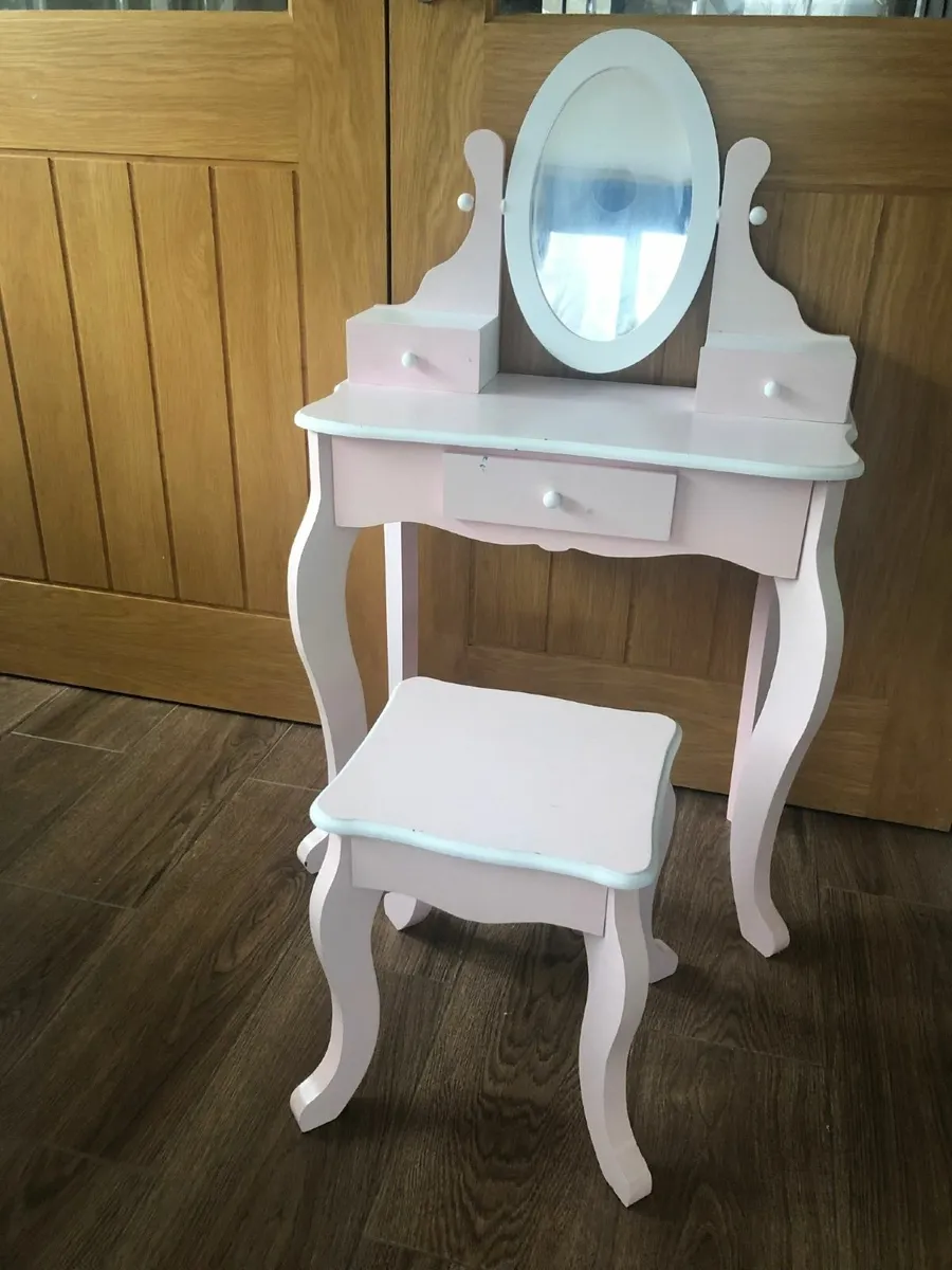 Kids Pink and White Vanity Table and Stool - Image 1