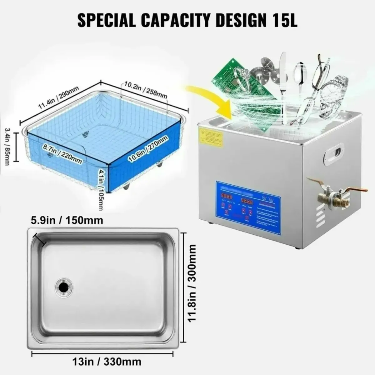 15L Heated Ultrasonic Cleaner with Digital Timer - Image 4