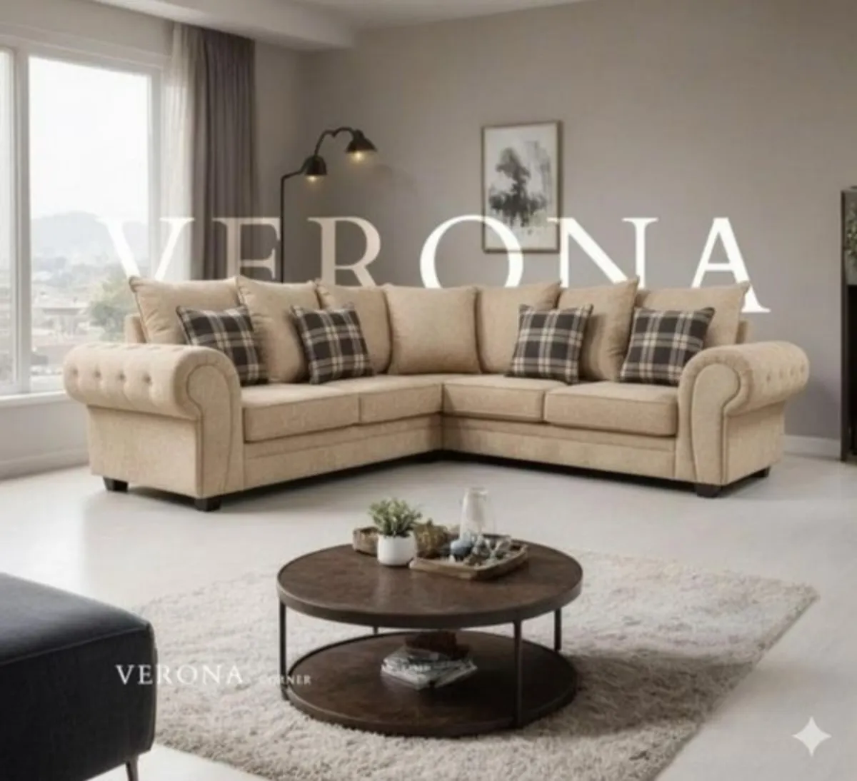 Verona Beige Fabric Sofa Set + Matching Footstool - Image 1