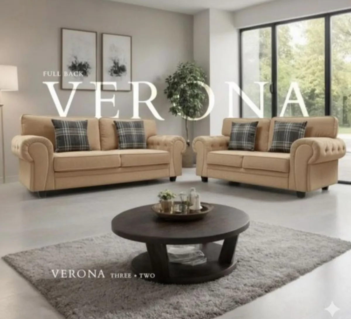 Verona Beige Fabric Sofa Set + Matching Footstool - Image 2