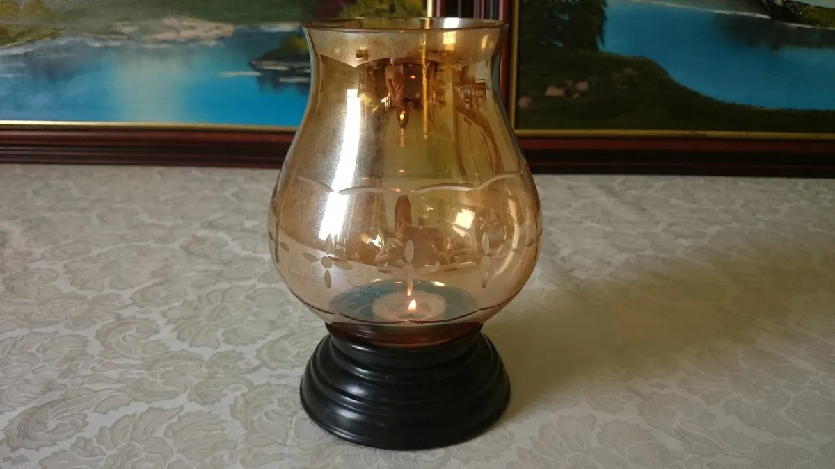 Vintage Etched Amber Glass Hurricane Lamp WithBase - Image 1