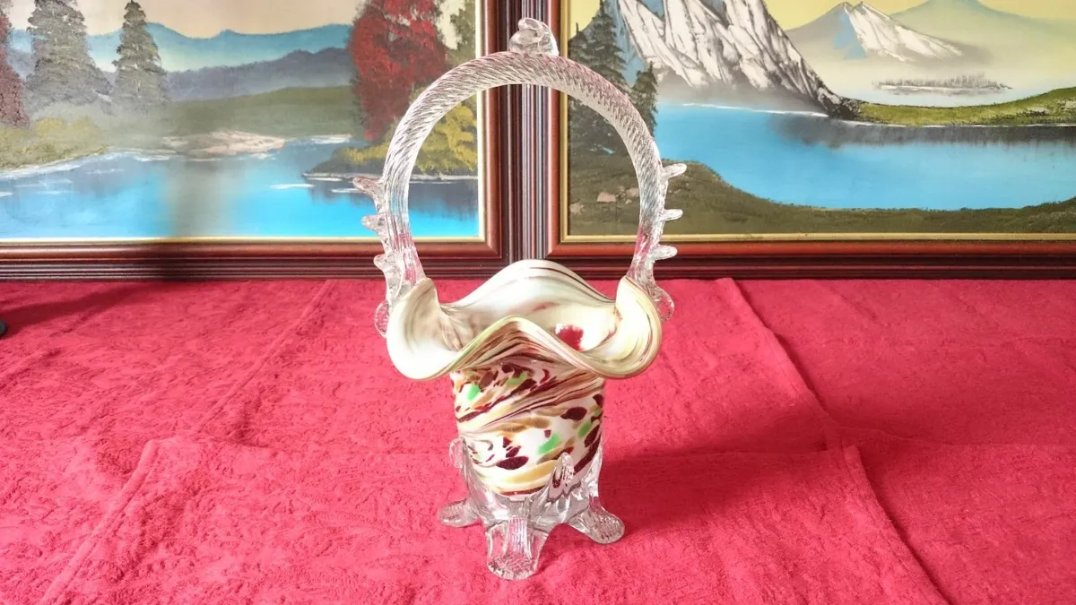 10.75" Tall Murano Millefiori Art Glass Basket - Image 3