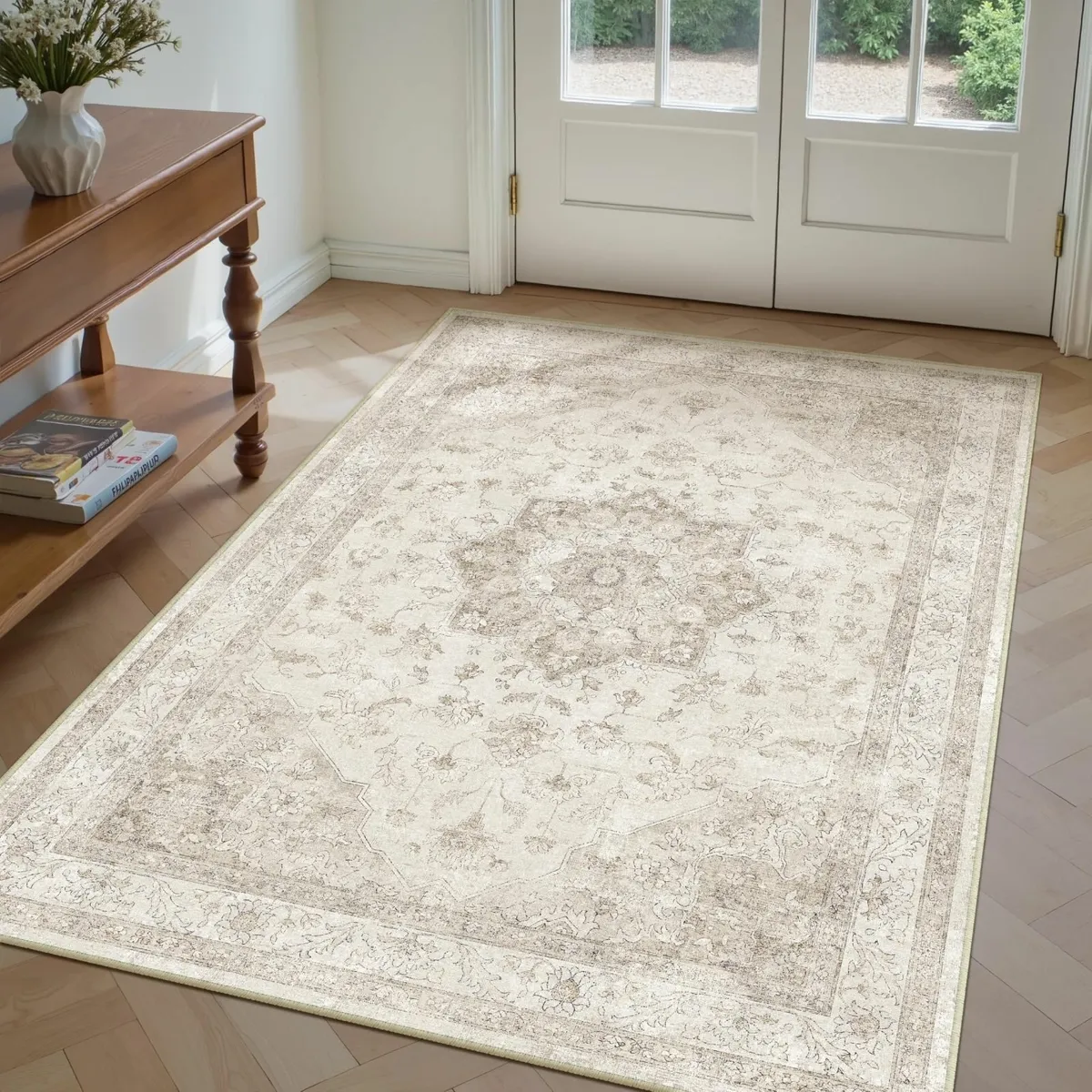 Vintage Washable Beige Rug Living Room 140x200cm - Image 1