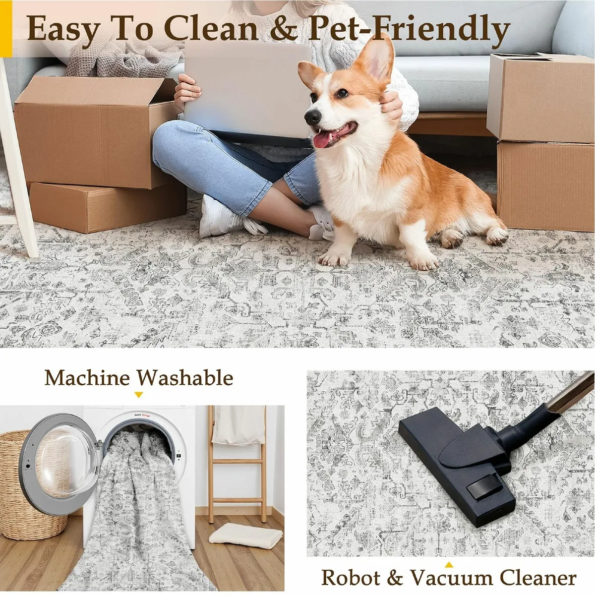 Vintage Washable Grey Rug Non Slip Soft 200x300cm - Image 4