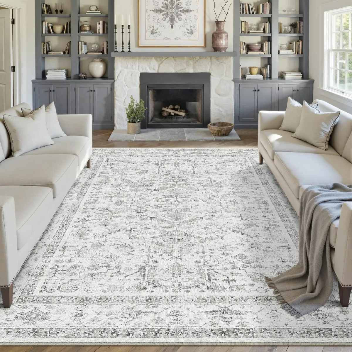Vintage Washable Grey Rug Non Slip Soft 200x300cm - Image 1