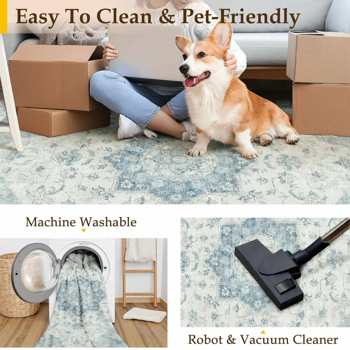 Vintage Cozy Blue  Soft Rug 160x230cm Bedroom - Image 3