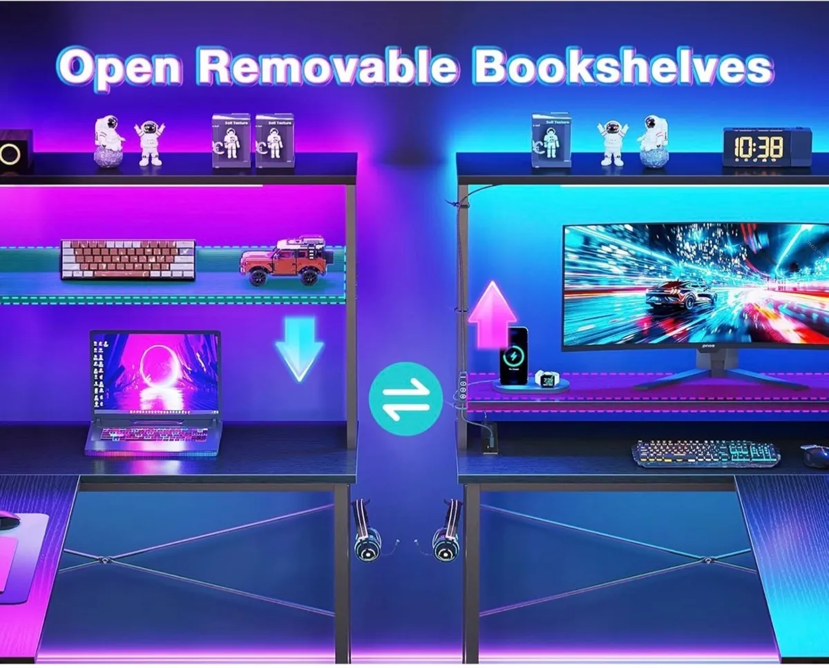 L Shaped Gaming Desk with LED Lights & Power Outle - Image 3