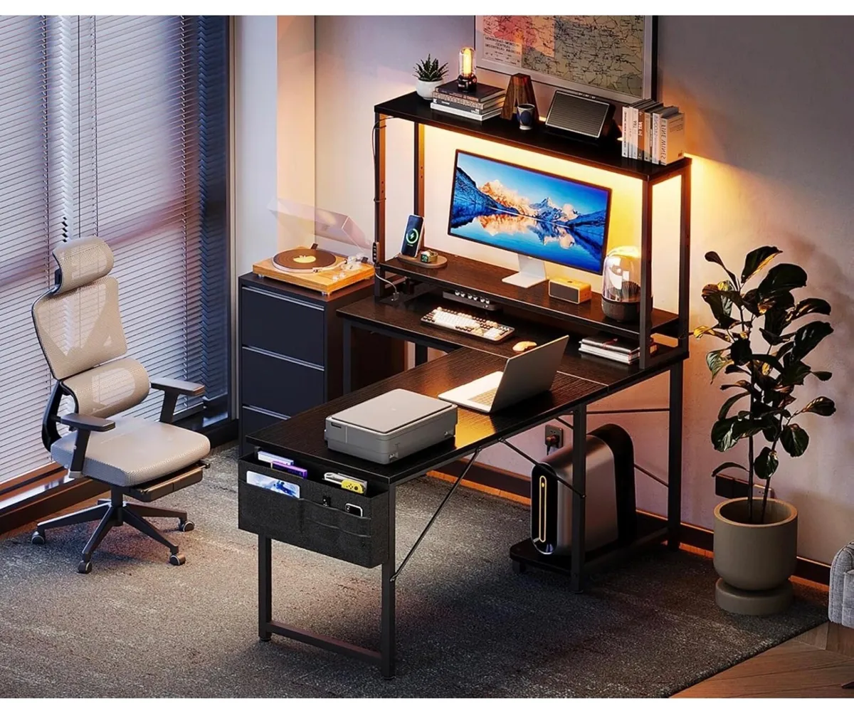 L Shaped Gaming Desk with LED Lights & Power Outle - Image 4