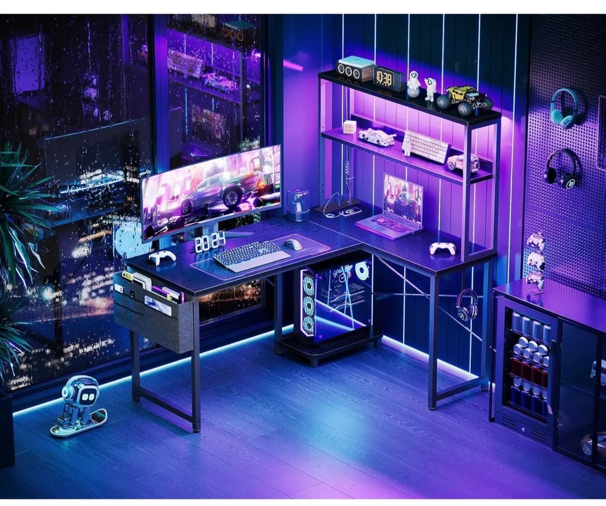 L Shaped Gaming Desk with LED Lights & Power Outle - Image 1