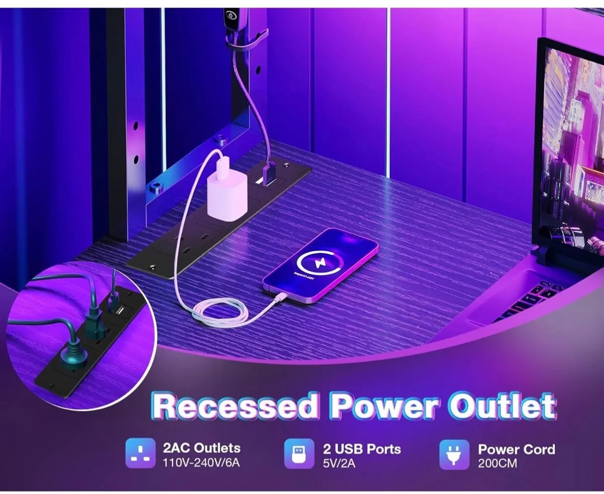 L Shaped Gaming Desk with LED Lights & Power Outle - Image 2