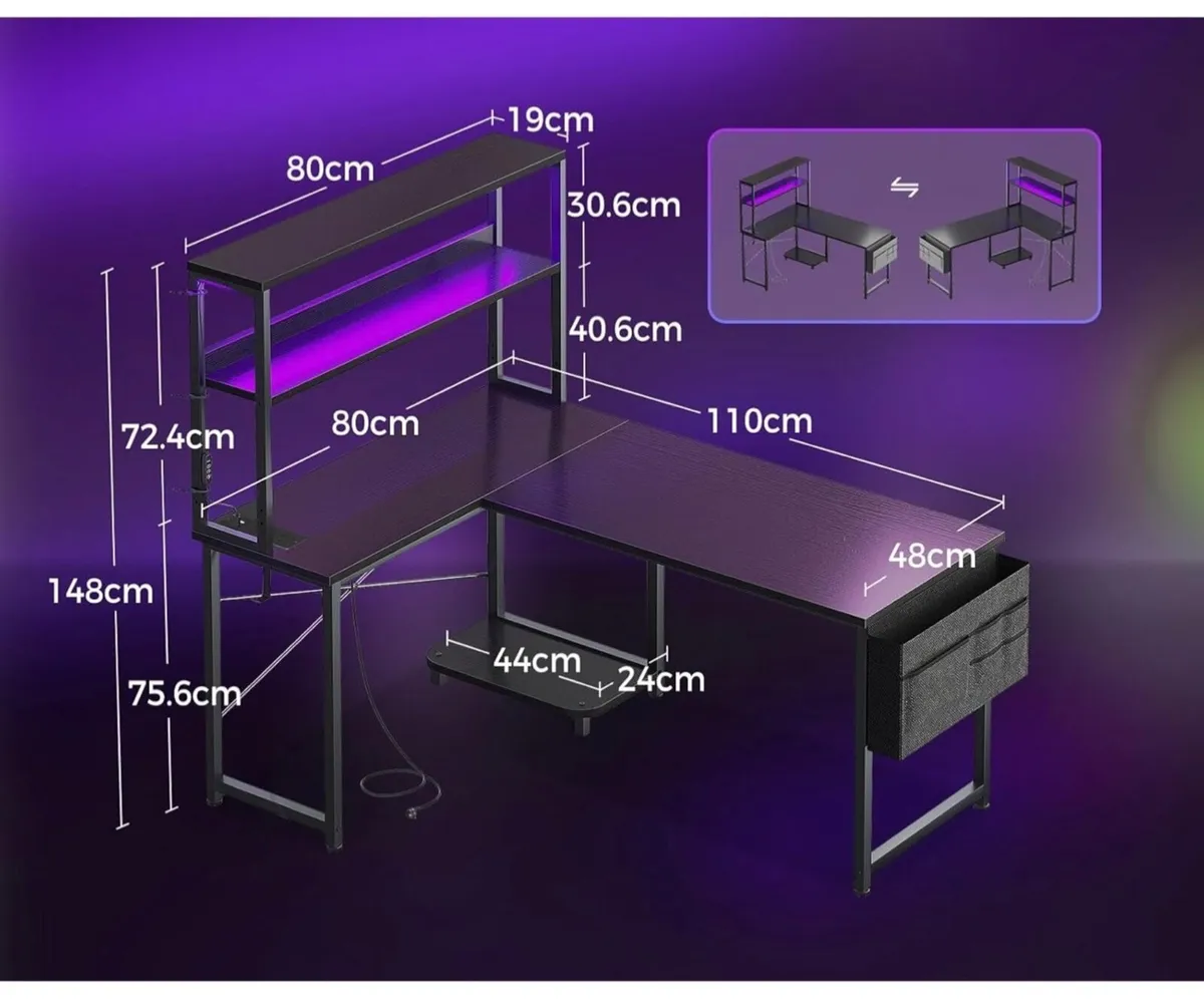 L Shaped Gaming Desk with LED Lights & Power Outle - Image 4
