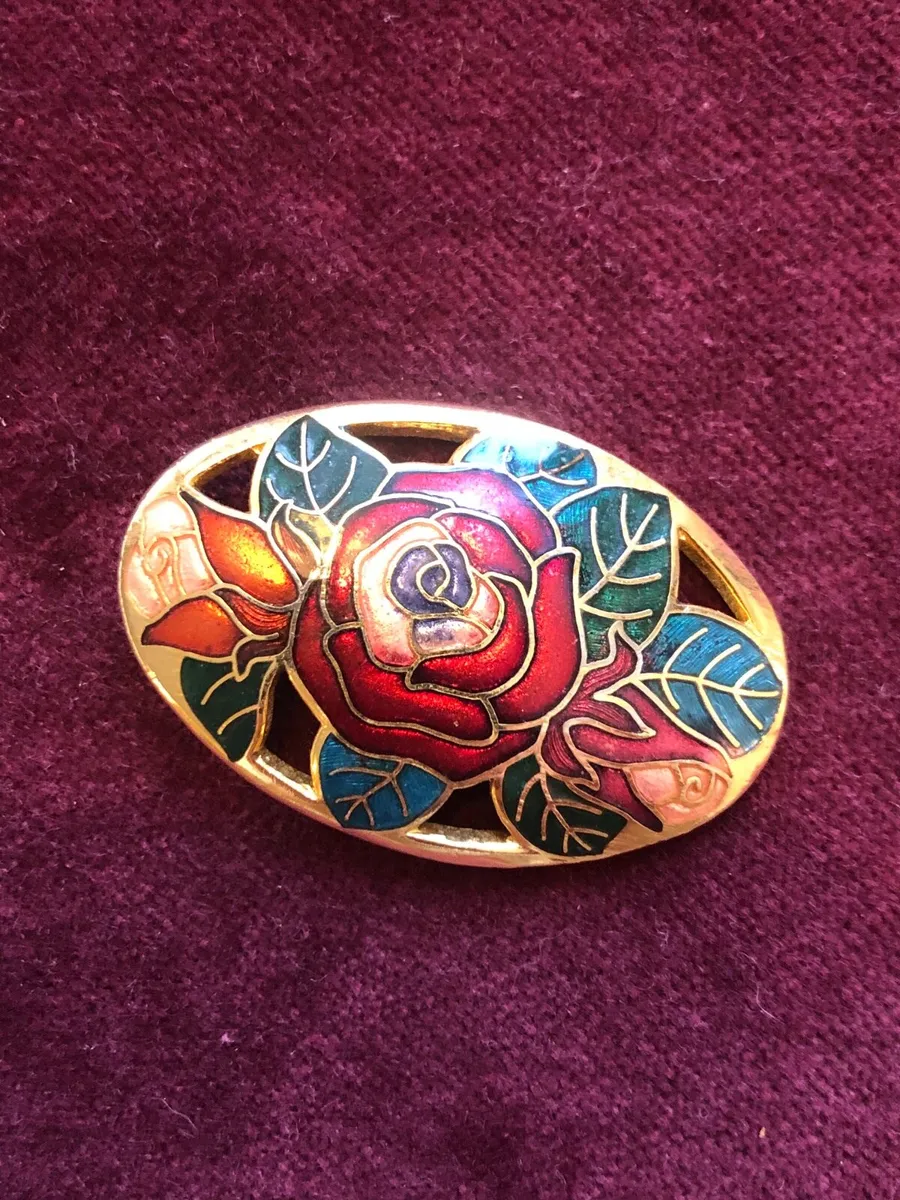 Gold toned Floral Rose Enamel Brooch - Image 1