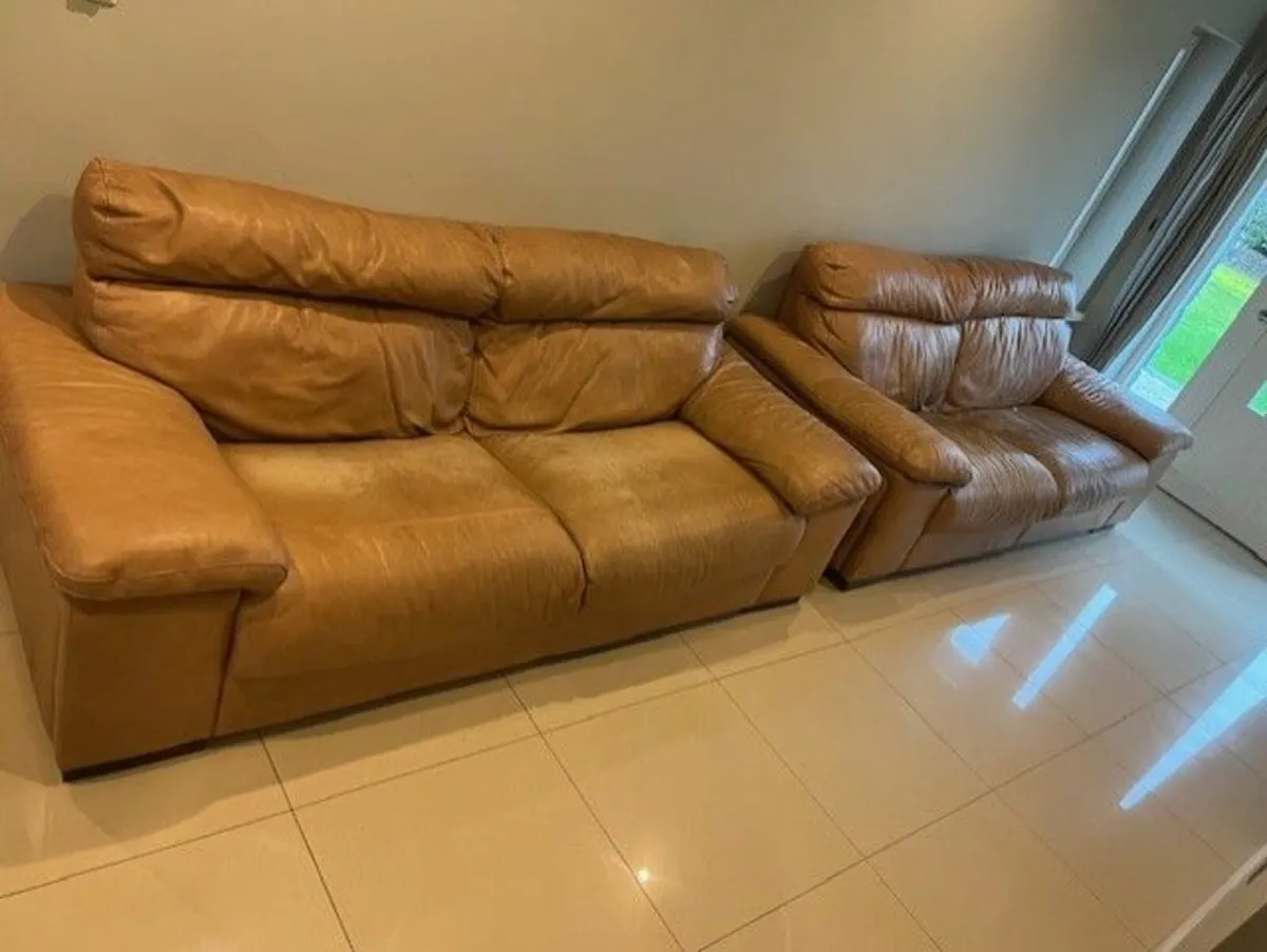 Polo Italian Tan Leather 3 Seater Sofas x 2 - Image 1