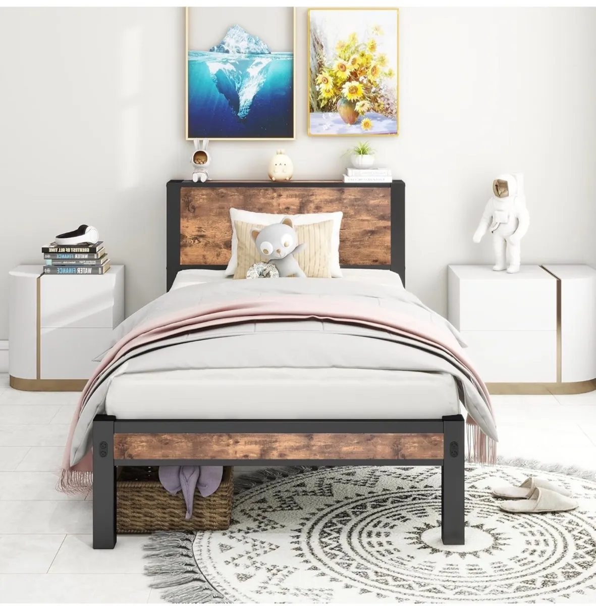 Single Bed Frame with Wood Storage Headboard. - Image 3