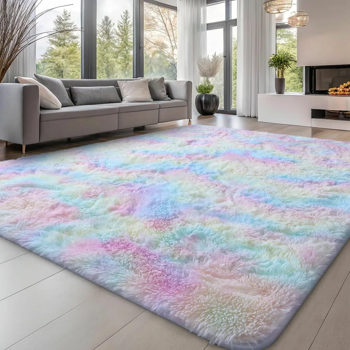 Living Room 120x160cm Rugs  Soft Fluffy Rainbow - Image 1