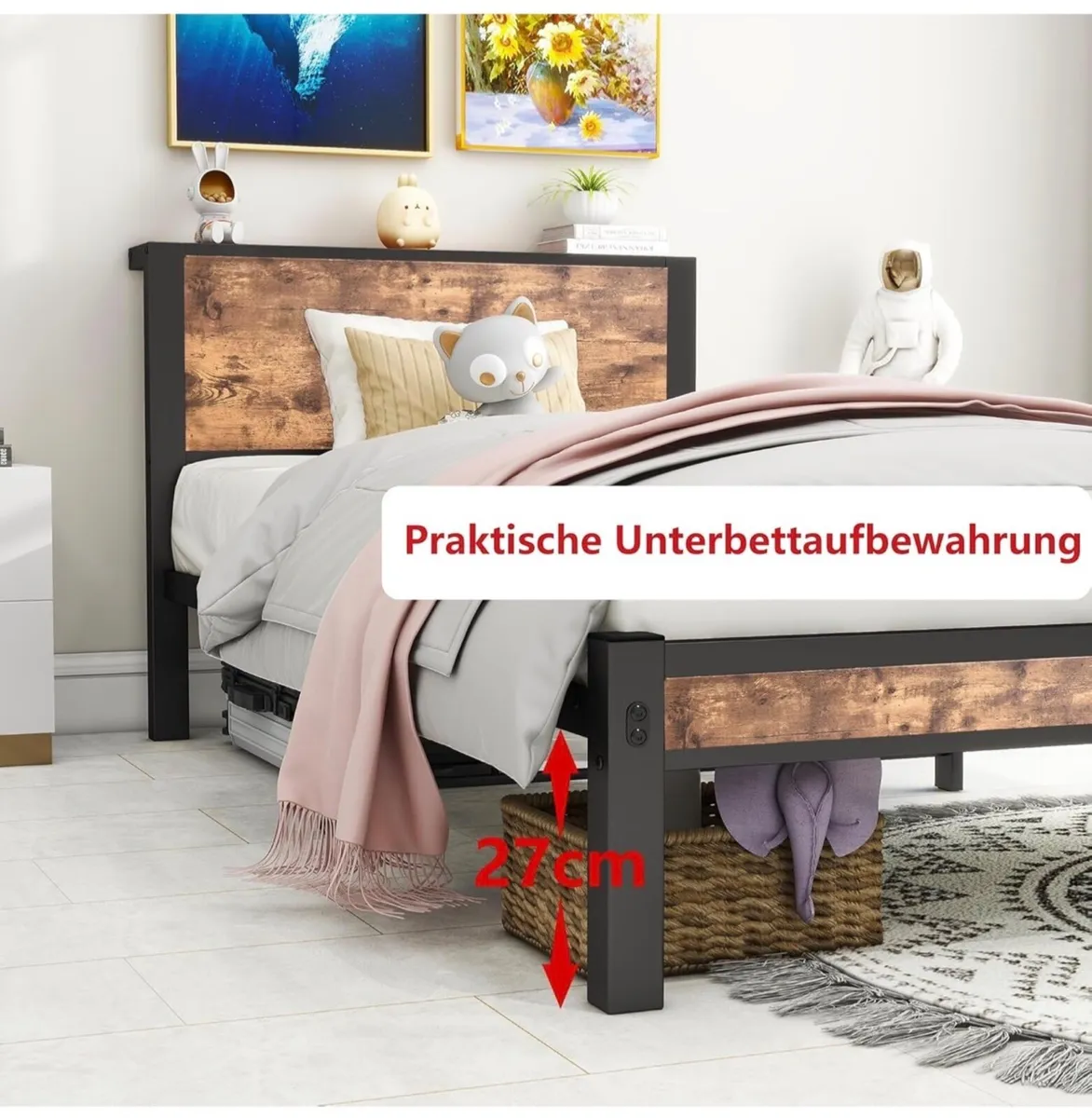 Single Bed Frame with Wood Storage Headboard. - Image 4