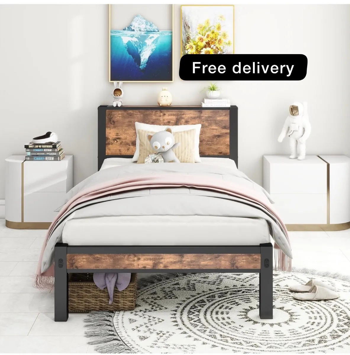 Single Bed Frame with Wood Storage Headboard. - Image 1