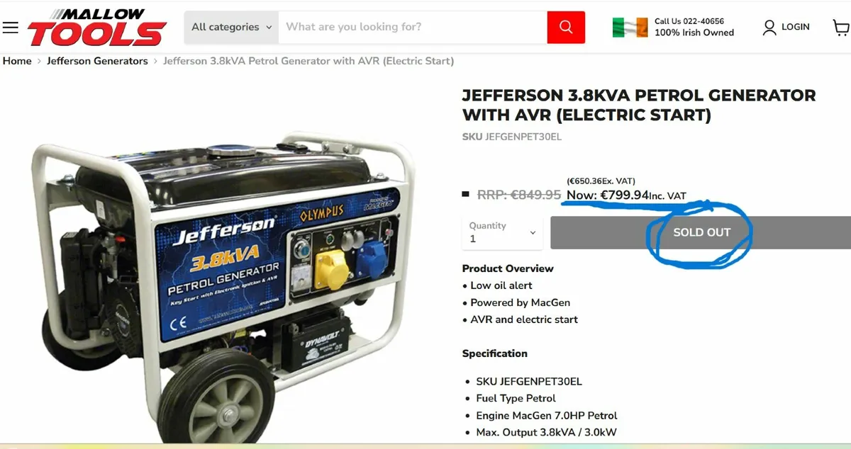 JEFFERSON 3.8kVa KEY START 110-230v GENERATOR. - Image 3