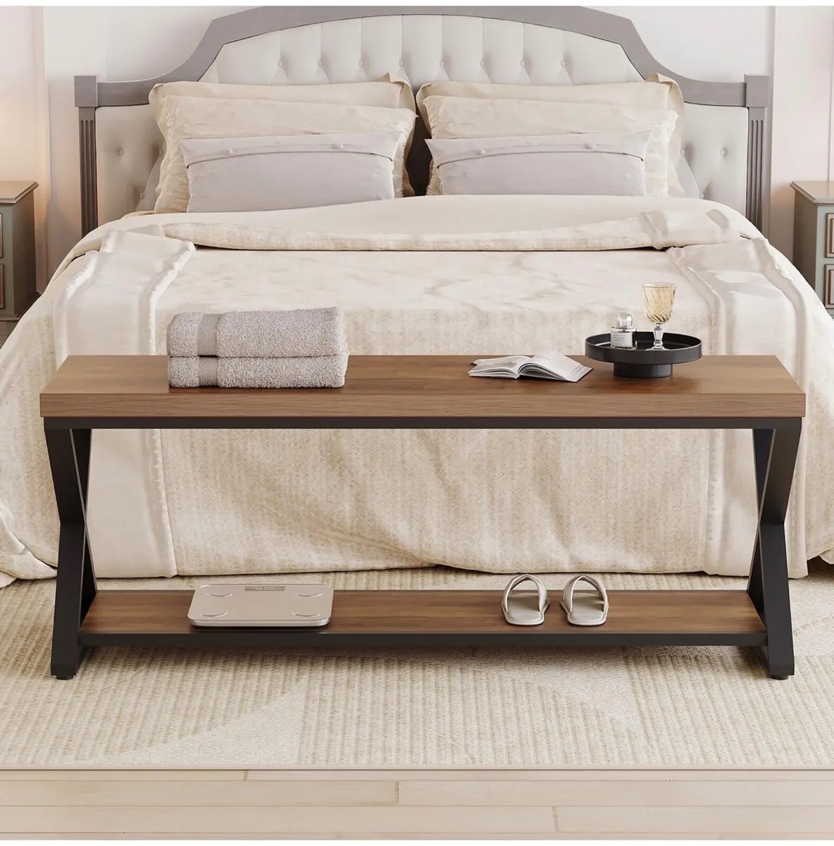 Entryway Bench with Storage, Industrial Wood Metal - Image 4