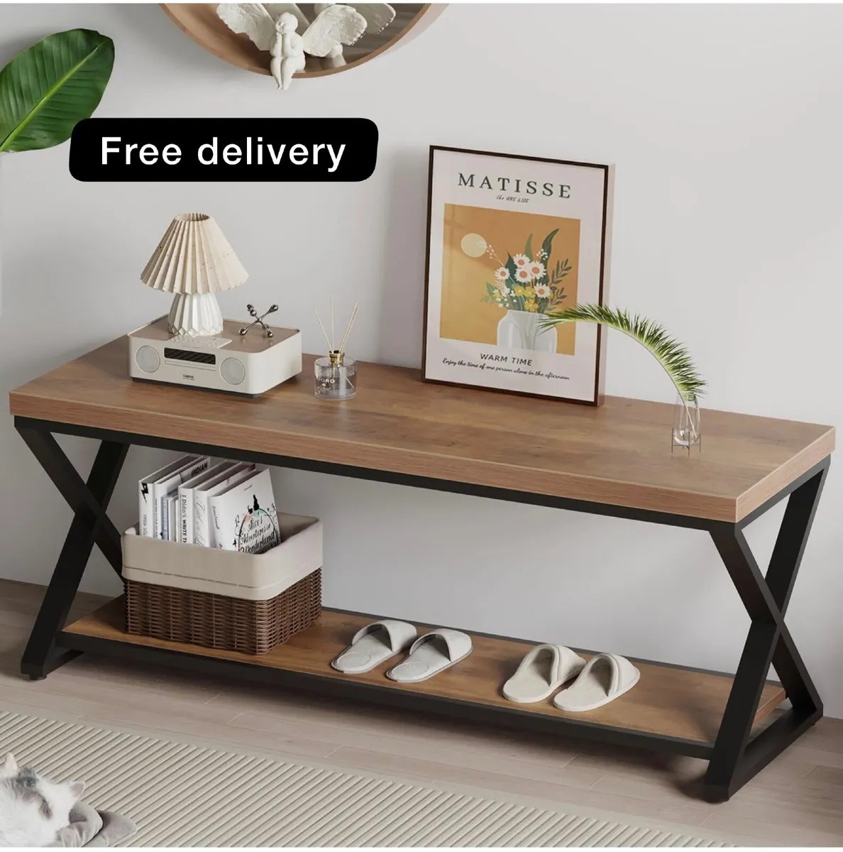 Entryway Bench with Storage, Industrial Wood Metal - Image 1