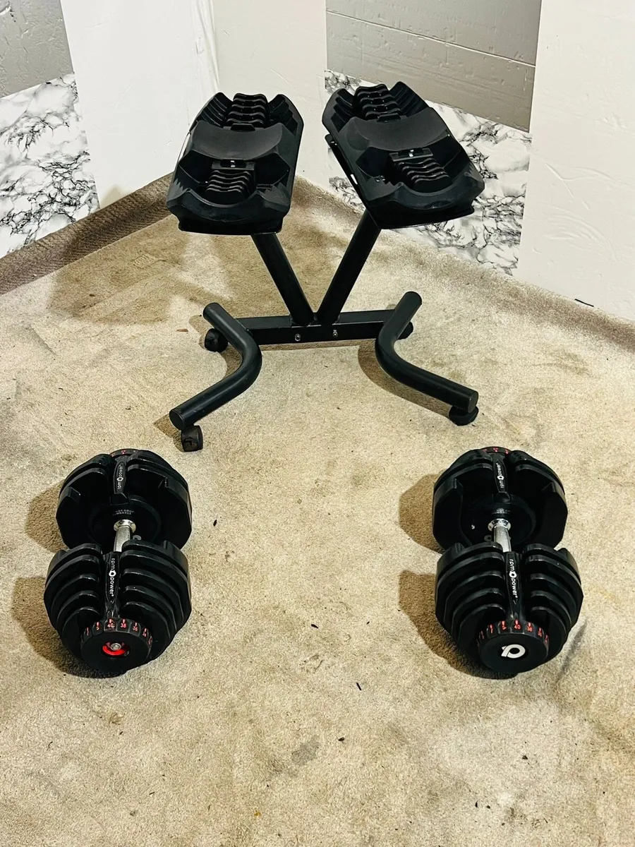 2 X 40 KG ADJUSTABLE DUMBBELLS WITH STANDS - Image 4