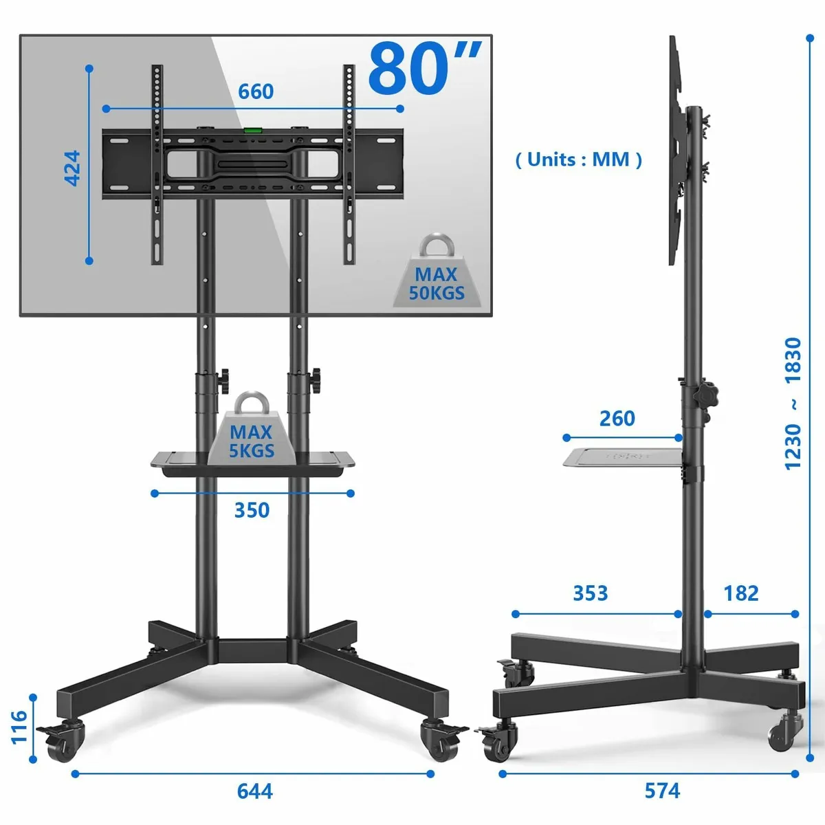 Mobile TV Stand on Wheels 32-80 Inch LCD LED - Image 4