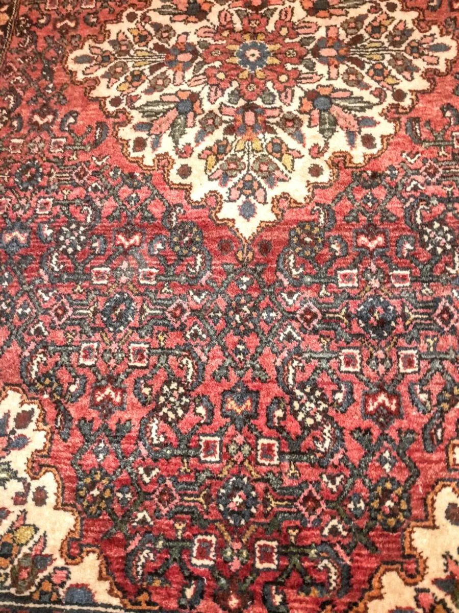 Large hand knotted antique Oriental rug with label - Image 2
