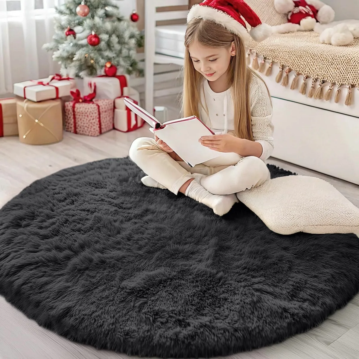 Fluffy Shaggy Rug Soft Thick Black, Round 120 cm - Image 2