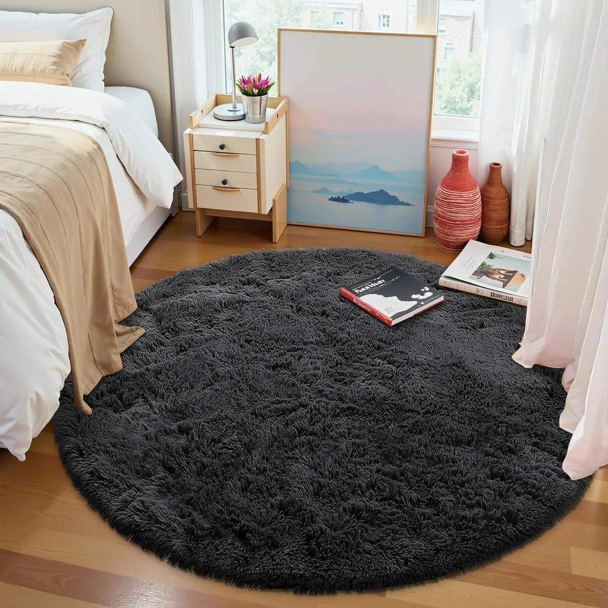 Fluffy Shaggy Rug Soft Thick Black, Round 120 cm - Image 1