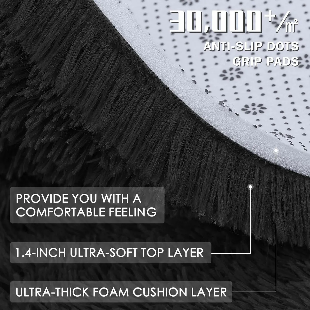 Fluffy Shaggy Rug Soft Thick Black, Round 120 cm - Image 4