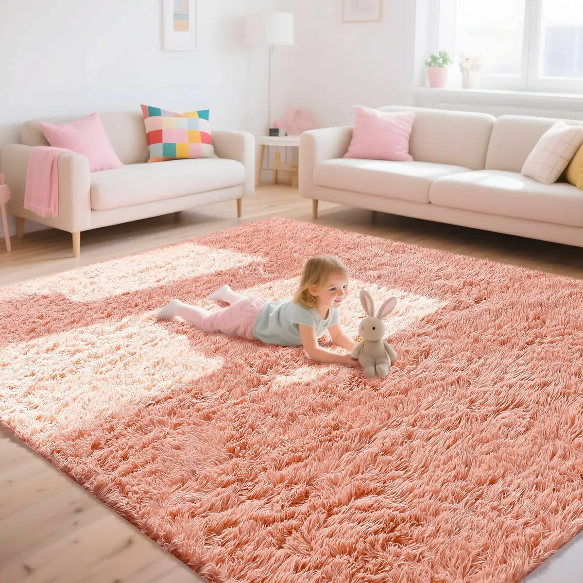 Living Room 160x230cm Large Rug Soft Fluffy Pink - Image 1