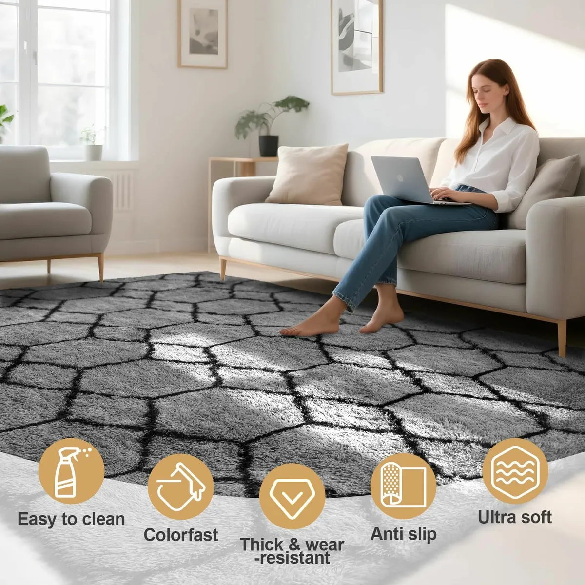 Living Room 160x230cm Large Grey Rug Soft Fluffy - Image 3