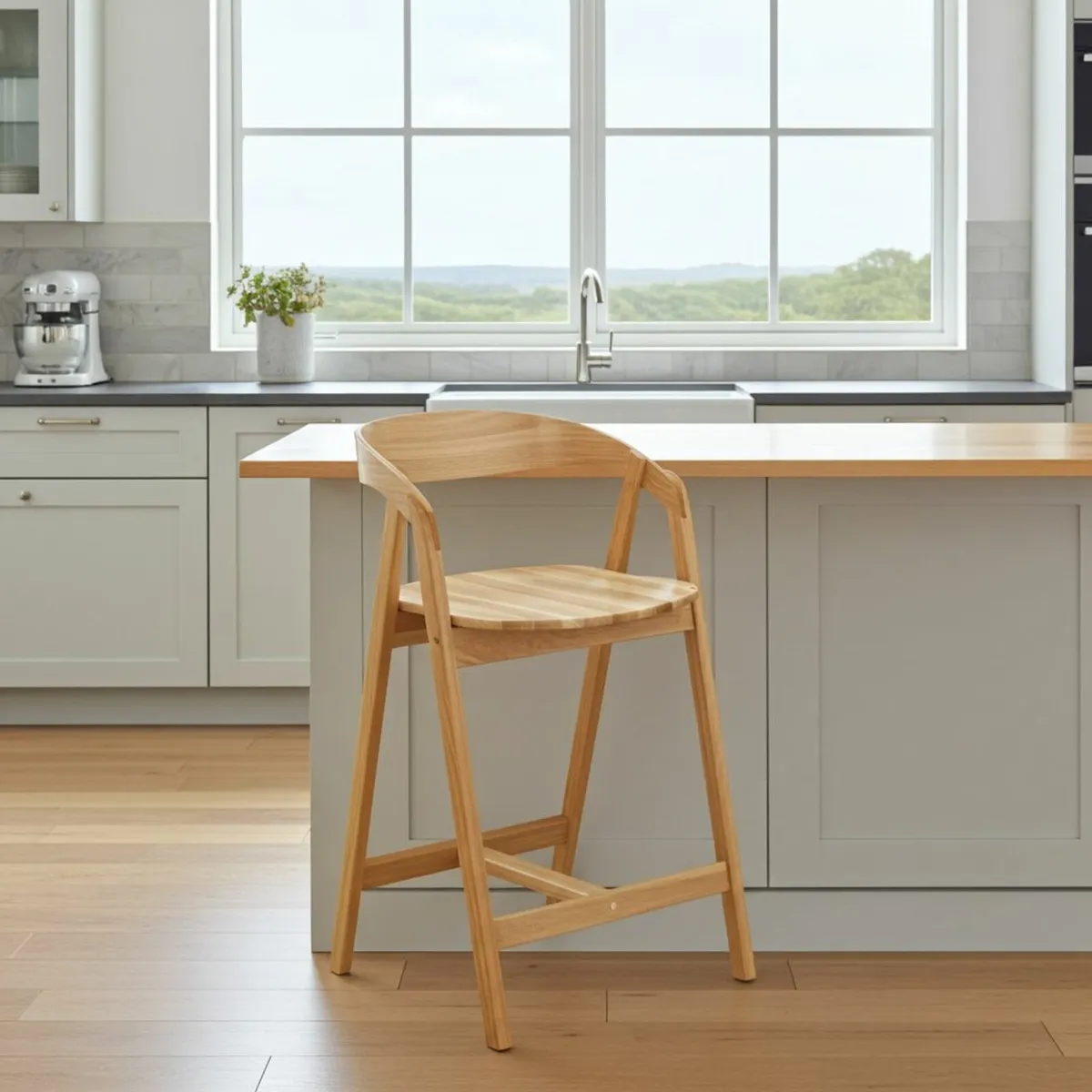 Nordic Oak Embrace Bar Stool with Curved Backrest - Image 1