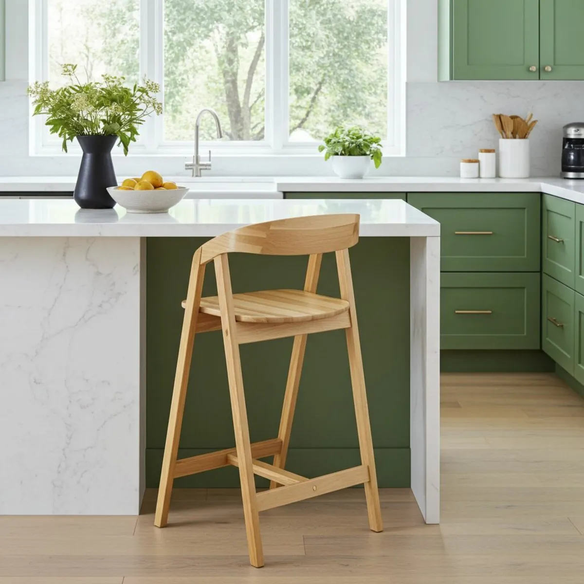 Nordic Oak Embrace Bar Stool with Curved Backrest - Image 2