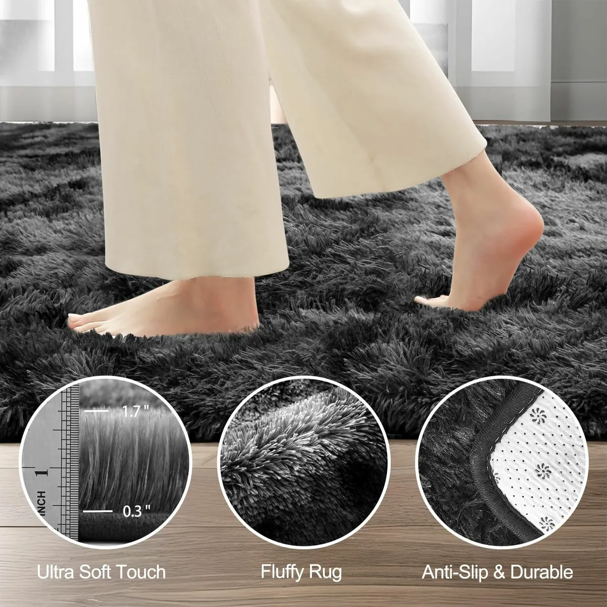 Living Room 160x230cm Soft Fluffy Rugs Dark Grey - Image 3