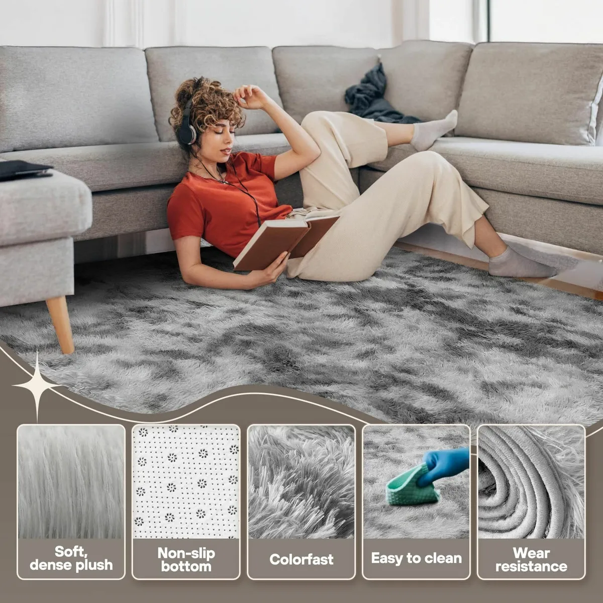 Living Room 160x230cm Soft Fluffy Large Rug Grey - Image 4