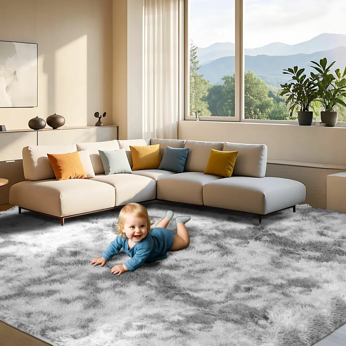 Living Room 160x230cm Soft Fluffy Large Rug Grey - Image 1