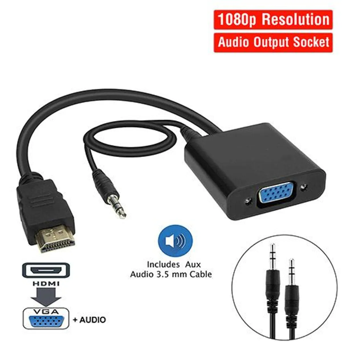 HDMI Male to VGA Female Converter with 3.5mm audio - Black - Image 1