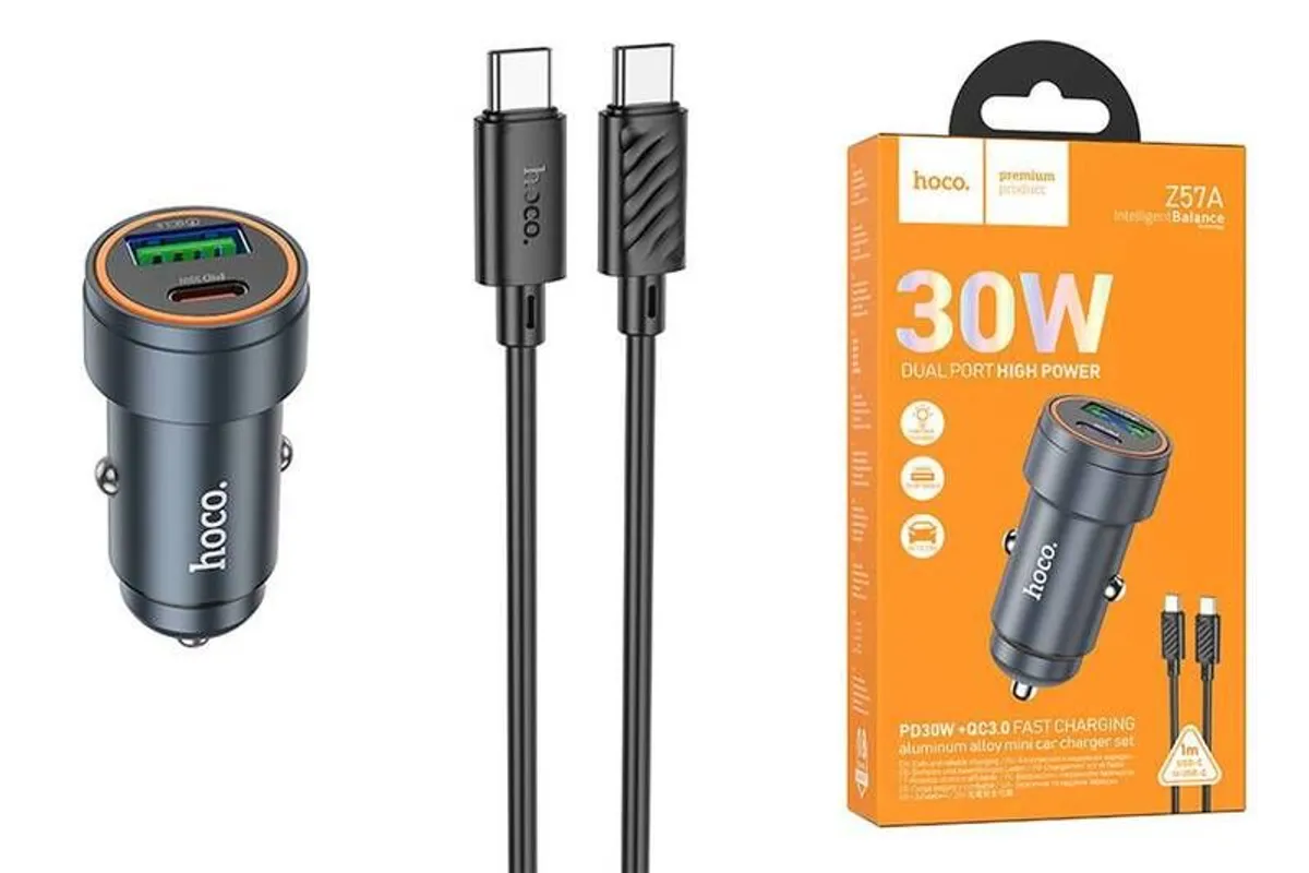 Fast Car Charger USB + Type-C + Type-C cable HOCO Z57A Glorious PD30W + QC3.0 - Image 1