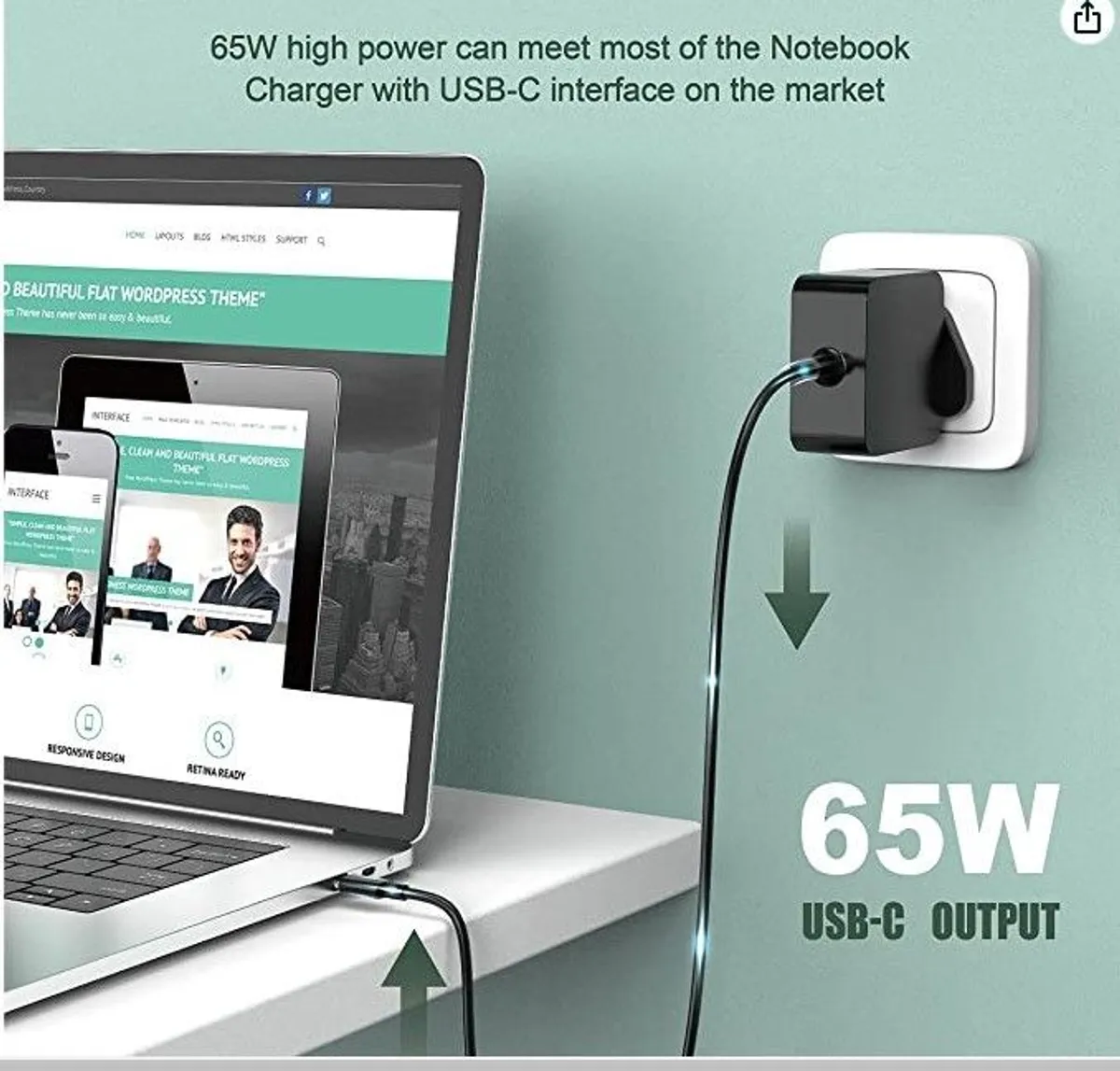 65W USB-C Power Adapter Compatible with Mac book/ other laptops /tablets /smartphones - Image 2