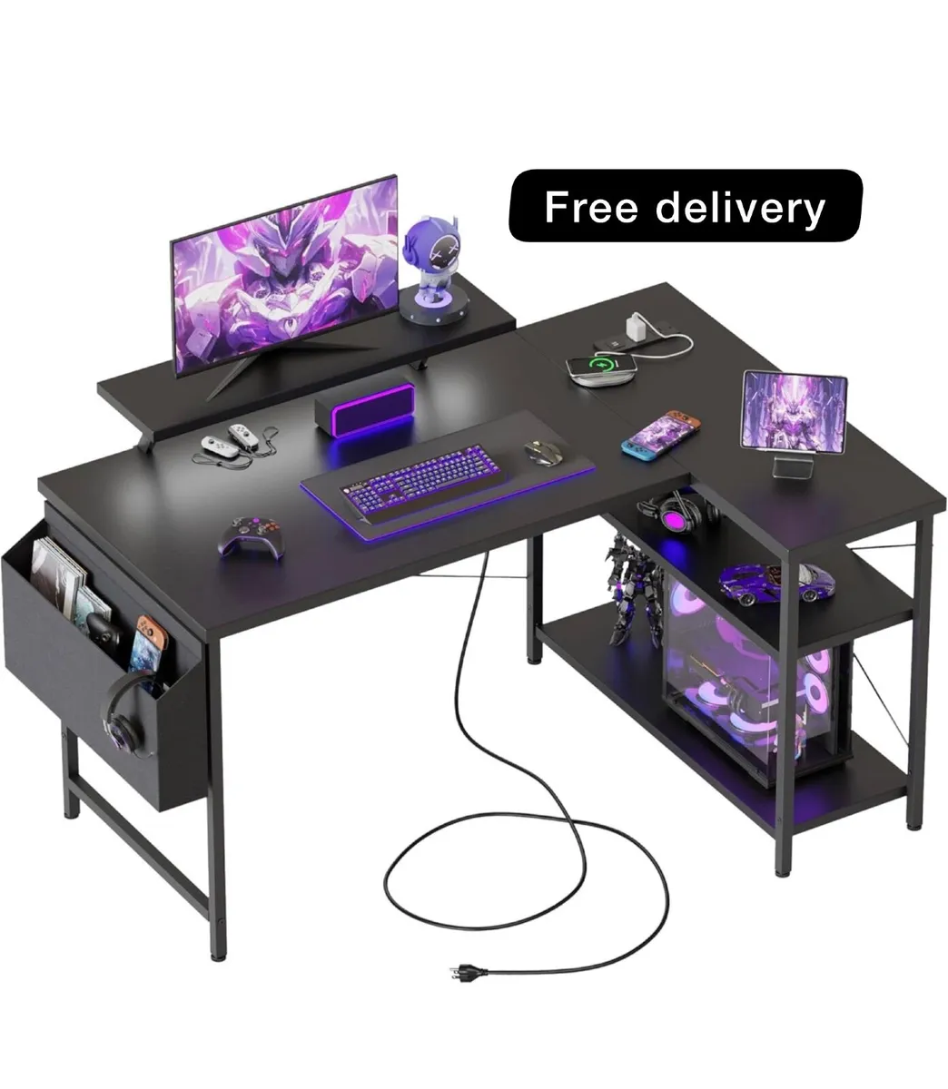 L-shaped desk, 120x70cm gaming table with 2 storag - Image 1