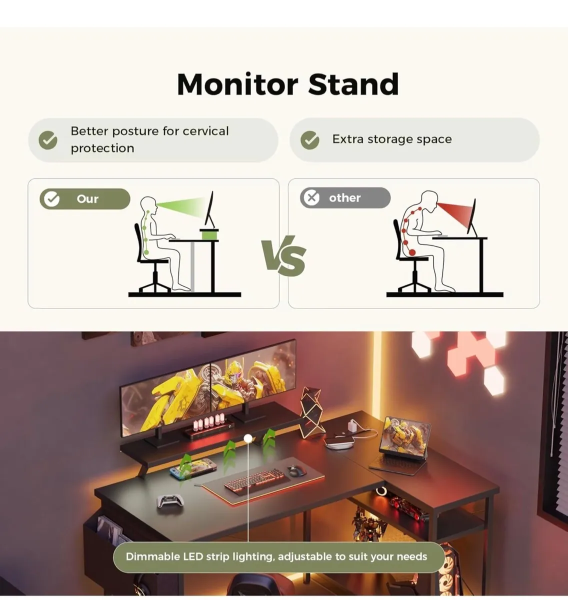 L-shaped desk, 120x70cm gaming table with 2 storag - Image 4