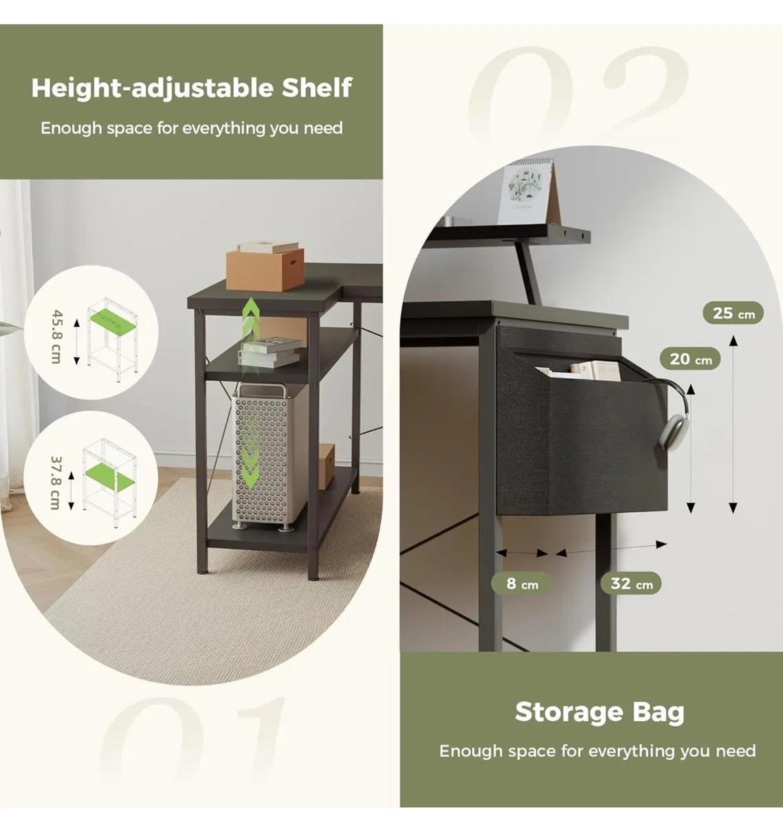 L-shaped desk, 120x70cm gaming table with 2 storag - Image 4