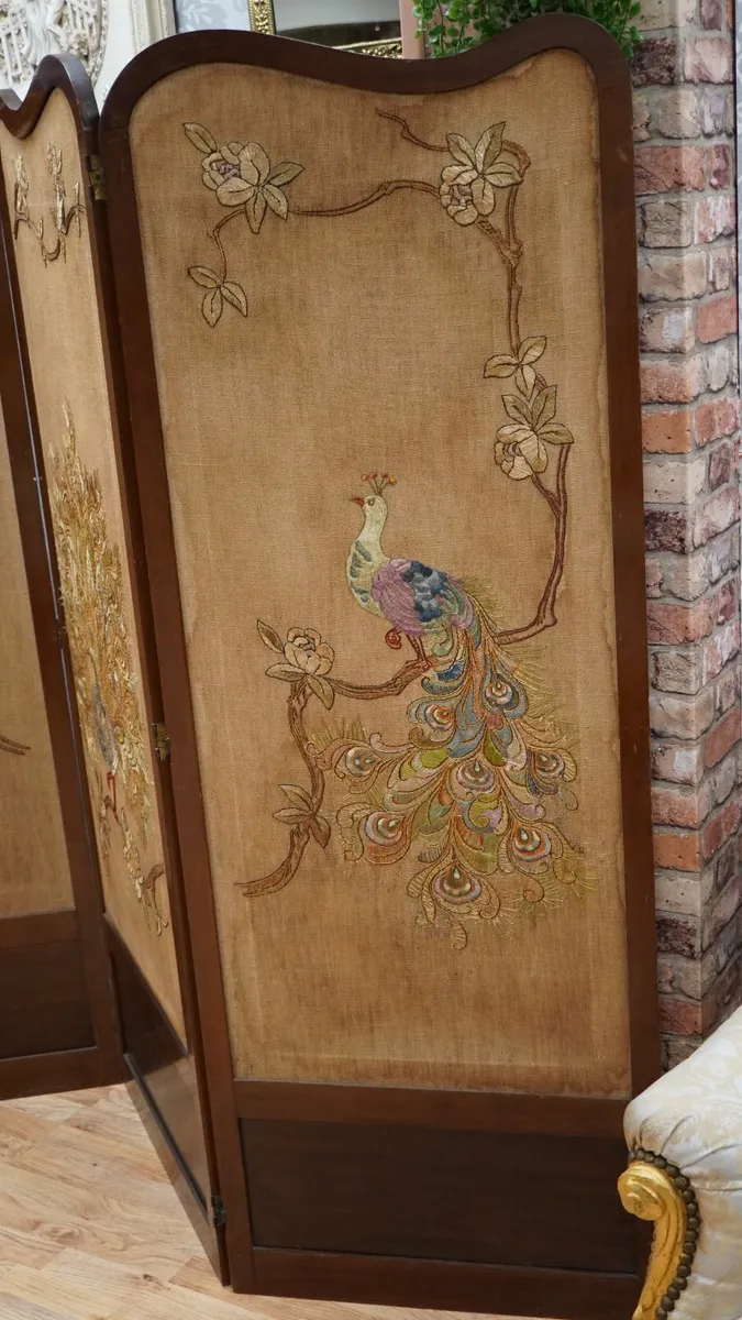 Vintage Peacock Embroidered 3-Panel Room Divider - Image 4