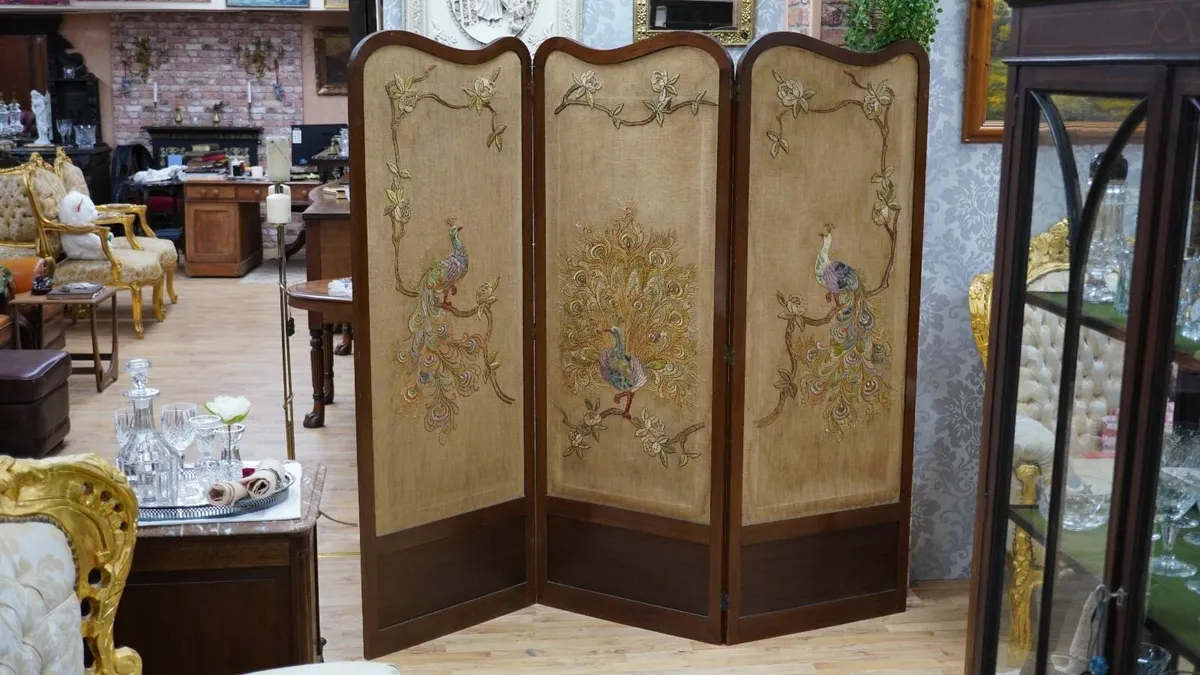 Vintage Peacock Embroidered 3-Panel Room Divider - Image 1
