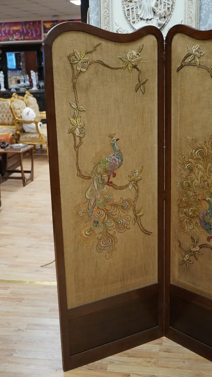 Vintage Peacock Embroidered 3-Panel Room Divider - Image 2