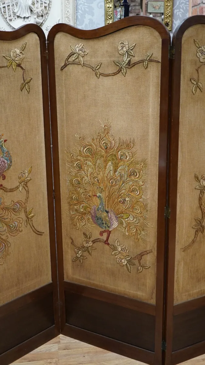 Vintage Peacock Embroidered 3-Panel Room Divider - Image 3